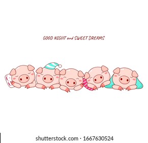 Good night and sweet dreams. Five cute sleeping pigs in kawaii style. Isolated on white background. Vector EPS8 illustration svg