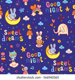 good night sweet dreams kids seamless pattern with cute baby animals