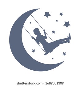 Good night and sweet dreams vector card template. Silhouette of a girl swinging on a swing tied to the moon among stars. Children entertainment, recreational center, creative space banner concept.