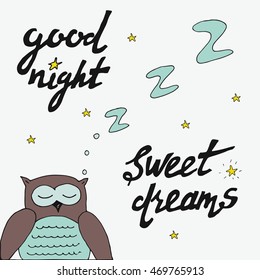 Good night and sweet dreams vector set on white background witn elements (owl, stars)
