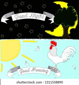 Good Night and Sweet Dreams.Good Night amnd Good Morning.Day and Night.Nature scene with moon,stars,sun and rooster.Green tree in the night.Nature.