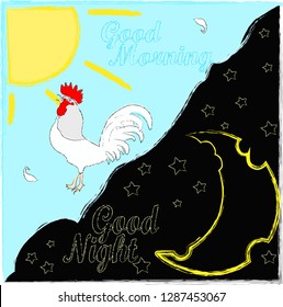 Good Night and Sweet dreams.Good Night and Good Morning.Day and Night.Nature scene with moon,stars,rooster and sun.