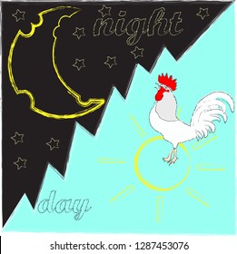 Good Night and Sweet dreams.Good Night and Good Morning.Day and Night.Nature scene with moon,stars,rooster and sun.