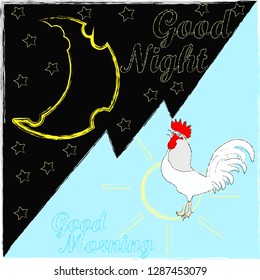 Good Night and Sweet dreams.Good Night and Good Morning.Day and Night.Nature scene with moon,stars,rooster and sun.