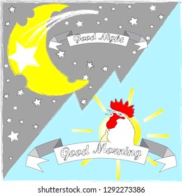Good Night and Sweet Dreams.Good Night and Good Morning.Day and Night.Nature scene with moon,stars,rooster and sun.Nature.