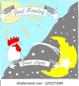 Good Night and Sweet Dreams.Good Night and Good Morning.Day and Night.Nature scene with moon,stars,rooster and sun.Nature.