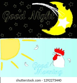 Good Night and Sweet Dreams.Good Night and Good Morning.Day and Night.Nature scene with moon,stars,rooster and sun.Nature.