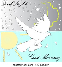 Good Night and Sweet dreams.Good Night and Good Morning.Day and Night.Nature scene with moon,stars,sun and pigeon.
