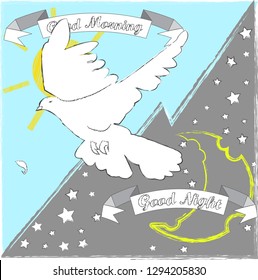 Good Night and Sweet dreams.Good Night and Good Morning.Day and Night.Nature scene with moon,stars,sun and pigeon.