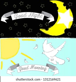 Good Night and Sweet dreams.Good Night and Good Morning.Nigth,nature scene with moon,stars,sun and pigeon.Nature.