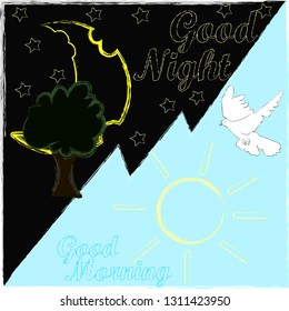 Good Night and Sweet dreams.Good Nioght and Good Morning.Day and Night.Nature scene with moon,stars,sun and pigeon.Green tree in thew night.Nature.