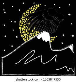 Good Night and Sweet Dreams.Magical nature scene with moon,stars and the wings from the owl.Mountain.