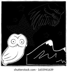 Good Night and Sweet Dreams.Magical nature scene with moon,stars nad the owl.Mountain.