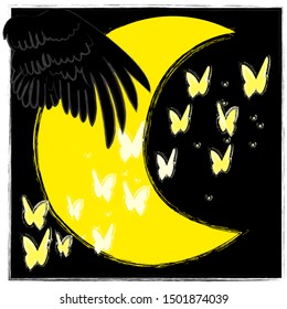 Good Night And Sweet Dreams.Nature scene with moon,stars,flying butterflies and wings from the owl.
