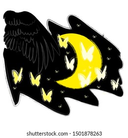 Good Night and Sweet Dreams.Nature scene with big moon,flying butterflies and wings from the owl.