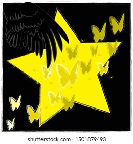 Good Night and Sweet Dreams.Nature scene with big yellow star,flying butterflies and wings from the owl.