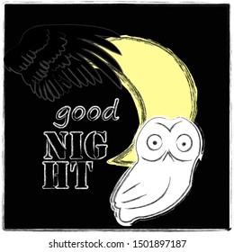 Good Night and Sweet Dreams.Nature scene with big yellow moon,owl and wings from the owl.