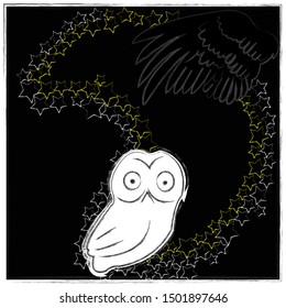 Good Night and Sweet Dreams.Nature scene with big yellow moon made from stars,owl and wings from the owl.