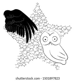 Good Night and Sweet Dreams.Nature scene with big star made from stars,owl and wings from the owl.
