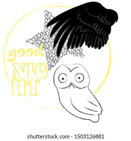Good Night and Sweet Dreams.Nature scene with big star made from stars,owl and wings from the owl.