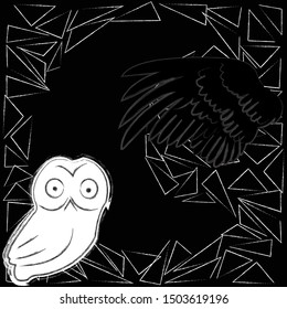 Good Night and Sweet Dreams.Nature scene with big moon made from triangles,owl and wings from the owl.