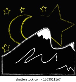 Good Night and Sweet Dreams.Nature scene with moon, stars in the wild.Mountain.Magic.