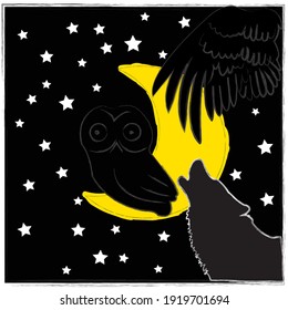 Good Night and Sweet Dreams.Nature scene with moon,stars ,wolf and the wings of the owl.