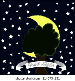 Good Night and Sweet Dreams.Nighe scene with moon,stars and tree .Nature