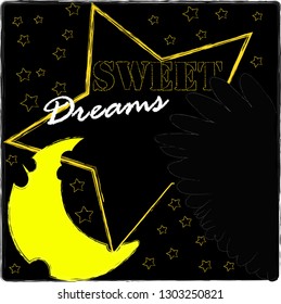 Good Night and Sweet Dreams.Night , nature scene with moon,stars and wings from the owl.Nature.