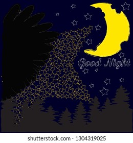 Good Night and Sweet Dreams.Night , nature scene with moon,stars and wings from the owl.Nature.