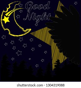 Good Night and Sweet Dreams.Night , nature scene with moon,stars and wings from the owl.Nature.