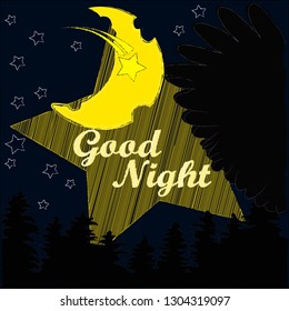 Good Night and Sweet Dreams.Night , nature scene with moon,stars and wings from the owl.Nature.
