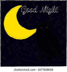 Good Night and Sweet Dreams.Night scene with moon,stars and owl on the branch. Nature.