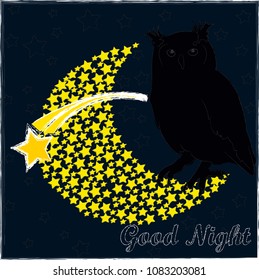 Good Night and Sweet dreams.Night scene with moon,stars and owl.Owl on the branch.Moon made from stars.Nature.
