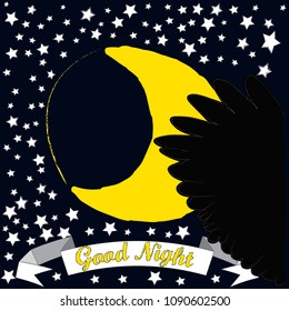 Good Night and Sweet Dreams.Night scene with moon,strars , and wings from the owl .Nature