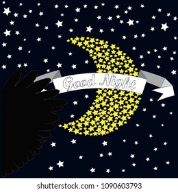 Good Night and Sweet Dreams.Night scene with moon,stars and wings from the owl.Moon made from stars.Nature.