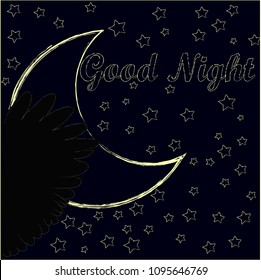 Good Night and Sweet Dreams.Night scene with moon,stars and wings from the owl.Nature.