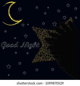 Good Night and Sweet Dreams.Night scene with stars and wings from the owl.Star made from stars.Nature.