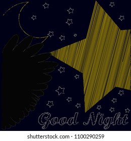 Good Night and Sweet Dreams.Night scene with stras and wings from the owl.Star made from linea.Nature.