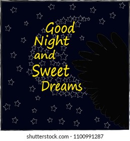 Good Night and Sweet Dreams.Night scene with moon,stars and wings from the owl.Nature.