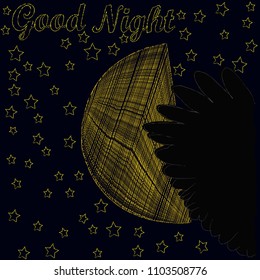 Good Night and Sweet Dreams.Night scene with moon,stars and wings from the owl.Nature.