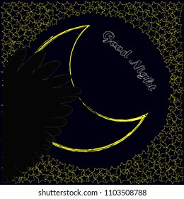 Good Night and Sweet Dreams.Night scene with moon,stars and wings from the owl.Nature.