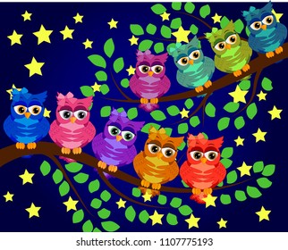 Good Night and Sweet dreams.Night scene with moon,stars and owl.Owl on the branch.Moon made from stars.Nature.