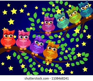 Good Night and Sweet dreams.Night scene with moon,stars and owl.Owl on the branch.Moon made from stars.Nature.