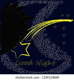 Good Night and Sweet Dreams.Night scene with moon,stars,shooting star and wings from the owl.Nature.
