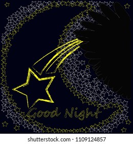 Good Night and Sweet Dreams.Night scene with moon,stars,shooting star and wings from the owl.Nature.