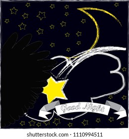 Good Night and sweet dreams.Night scene with moon ,stars and wings from the owl.Nature.