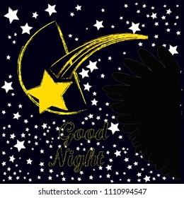 Good Night and sweet dreams.Night scene with moon ,stars and wings from the owl.Nature.