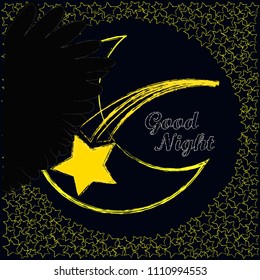 Good Night and sweet dreams.Night scene with moon ,stars and wings from the owl.Nature.