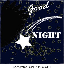 Good Night and Sweet Dreams.Night scene with moon,stars,shooting star and wings from the owl.Nature.